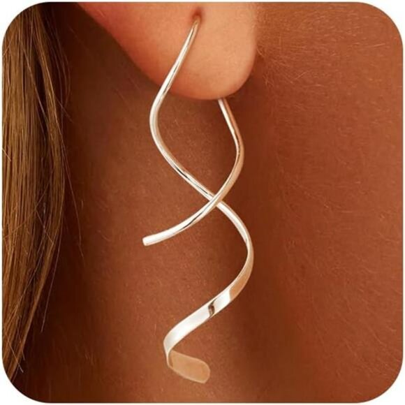 14K gold silver spiral dangle earrings women hypoallergenic lightweight jewelry - Picture 1 of 7